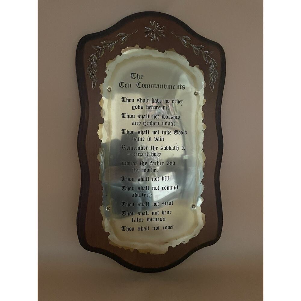 Vintage Ten Commandments Wood Wall Plaque W/ Gold Tin 10x18" Wall Hanging Decor